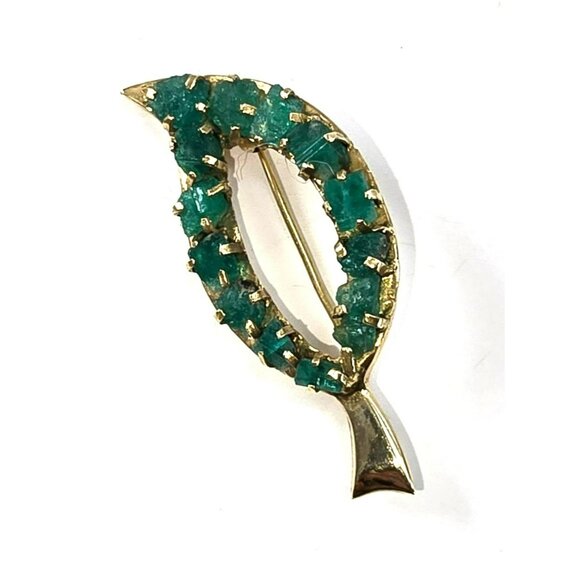 Raw Emerald Brooch Pin 18k Yellow Gold Leaf Shape Vintage Artisan STUNNING LI613 - Picture 7 of 15